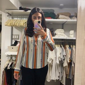 White orange black and blue striped button down
